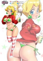 1girls absurd_res ass bikini blonde_hair blue_eyes christmas christmas_bikini christmas_clothing clothes_lift cup earrings female female_only full_body holidays long_hair looking_at_viewer mario_(series) multiple_views nail_polish nintendo ponytail princess_peach red_nails red_sweater sasatseng skindentation smiling smiling_at_viewer solo standing striped_thighhighs sweater sweater_lift thighhighs tied_hair wink winking_at_viewer