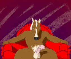 animal_genitalia animal_penis brown_body brown_fur equid equine equine_penis fur furniture genitals half-erect horse inviting looking_at_viewer male mammal orso_(artist) penis sitting sofa solo spread_legs spreading white_body white_fur