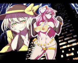 2girls armpits big_ass blush cleavage clothed clothing duo female female_only gloves green_eyes green_hair hat hata_no_kokoro koishi_komeiji long_gloves long_hair mask medium_breasts mostly_nude pandain panties pink_eyes pink_hair smile tagme thong touhou wide_hips