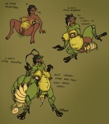 1girls antennae_(anatomy) arthropod arthropod_abdomen arthropod_abdomen_pussy big_belly big_breasts big_clitoris black_hair claws clitoris_growth corruption dark-skinned_female dark_skin dialogue egg egg_laying female female_only gaping gaping_nipples green_body green_eyes green_tongue half-elf insect_girl insects long_clitoris long_ears long_tongue mind_break nipple_insertion nipple_penetration nipples oc original_character pregnant prolapse pussy pussy_juice sagging_breasts solo text three_fingers toby_art transformation transformation_sequence tsukaja two_toes unusual_pupils unusual_pussy worms