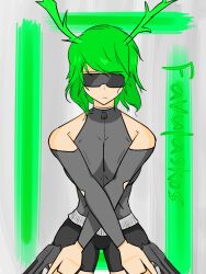 1girls black_clothing female female_only gray_clothing green_hair gun pose shades shift_bloxx shorts sleeves solo sunglasses tinted_eyewear