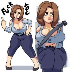 1girls alexa_(south_park) angry angry_face big_ass big_breasts black_eyes breasts brown_hair brunette busty car_seat cleavage curvy exposed_shoulders full_body huge_breasts large_breasts lipstick middle_finger necklace seatbelt shoulder_cutout sitting solo solo_female south_park south_park:_post_covid superspoe text thick_thighs voluptuous wide_hips