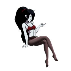 2022 adventure_time black_hair bra breasts cartoon_network cleavage female female_only fizzyspidercider grey_body looking_at_viewer marceline mob_face pale_skin pantyhose ponytail red_bra simple_background vampire