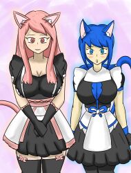 big blue_eyes blue_hair breasts cat_ears cat_girls long_skirt maid medium_skirt oc pink_eyes pink_hair shift_bloxx skirt thick_thighs