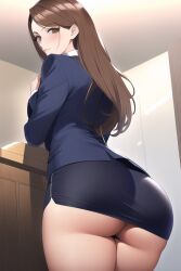 1girls ai_generated ass brown_hair business_jacket business_suit gyakuten_saiban huge_ass large_breasts looking_at_viewer looking_back mia_fey miniskirt nai_diffusion pencil_skirt short_stack skirt stable_diffusion tagme upskirt