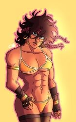 abs bikini blue_eyes brown_hair brown_skin chromexorannex cleavage coco_joestar earrings mole muscular_female original_character ourobouro smiling_at_viewer thighhighs thighs toned_female