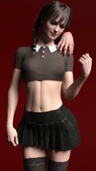 3d athletic athletic_female black_hair breasts busty crop_top deletedcube3d female female_focus female_only goth goth_girl hourglass_figure long_hair makeup medium_breasts miniskirt navel nylons pinup pinup_pose pose posing skirt stockings tagme the_addams_family thing_(addams_family) twin_braids wednesday_addams wide_hips