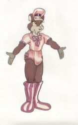 1boy bulge bulge_through_clothing color crossdressing frills furry furry_only latex latex_clothing military military_hat original original_character silk sissy traditional_media_(artwork) vawlkee