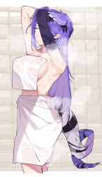 1girls after_bath armpits arms_behind_head bathroom big_breasts dragon_girl dragon_hand dragon_tail hair_wings head_wings max_goodweather medium_breasts nijisanji nijisanji_en purple_hair selen_tatsuki sideboob solo solo_female solo_focus steam towel towel_around_waist towel_on_breasts towel_only untied_hair virtual_youtuber