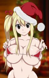 1girls 2d_(artwork) breast_squeeze breast_squish breasts breasts_out breasts_outside christmas christmas_hat christmas_outfit fairy_tail female immortalkingart lucy_heartfilia waiting