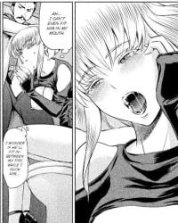 1boy 1girls bathroom black_and_white blonde_hair blowjob clothed comic fellatio high_heels implied_oral manga monochrome oral penis satanophany yamada_yoshinobu