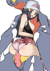 1boy 1boy1girl 1girls ass barbed_penis blue_eyes blue_hair breasts bubble_butt censored censored_penis dawn_(pokemon) fangs female garchomp generation_4_pokemon human human_female long_hair male mosaic_censoring nipples nivi open_mouth panties panties_aside penis pink_panties pokemon pokemon_(species) pokemon_bdsp pokemon_dppt pokephilia pussy sex sharp_teeth underwear upskirt vaginal_penetration vaginal_sex white_background