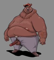 2022 anthro balls bear belly big_belly big_moobs bottomwear brown_body brown_fur clothing erection fur genitals hat headgear headwear hi_res humanoid_genitalia humanoid_hands humanoid_penis male mammal moobs nipples obese obese_male osos overweight overweight_male pants penis solo