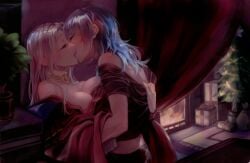 2girls absurd_res absurdres asymmetrical_docking black_shirt blue_hair blush breast_press breasts byleth_(fire_emblem) byleth_(fire_emblem)_(female) christmas christmas_tree cleavage closed_eyes collar edelgard_von_hresvelg female female_only fire_emblem fire_emblem:_three_houses fireplace french_kiss from_side hi_res highres indoors intelligent_systems kiss kissing large_breasts lesbian_kiss lin_(cloverholic) long_hair medium_breasts midriff multiple_girls night nintendo present pulling_clothing romantic royalty shiny shiny_hair shirt straight_hair teacher_and_student undressing undressing_another upper_body white_hair yuri