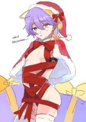 1boy arms_tied armwear ass ass aster_arcadia bare_ass bondage cape christmas_cape christmas_hat christmas_outfit christmas_present dual_colored_hair femboy heterochromia legwear looking_at_viewer nijisanji nijisanji_en no_underwear purple_hair ribbon ribbon_bondage ribbon_on_hat ribbons santa_hat side_butt solo solo_female solo_focus speech stockings talking talking_to_viewer thighhighs virtual_youtuber wrapped xpnkcm yellow_eyes