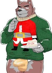 2022 anthro balls_outline bulge cake canid canine canis christmas clothing dessert domestic_dog eating food genital_outline hi_res holidays humanoid_hands kemono male mammal one_eye_closed penis_outline slightly_chubby solo sweater topwear ujishiyo underwear