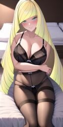 1girls ai_generated anime_lingerie arms_crossed_under_breasts black_bra black_lingerie black_panties breasts female female_focus female_only front_view game_freak green_eyes huge_breasts long_hair looking_at_viewer lusamine_(pokemon) mature_female milf mommy mother nai_diffusion nintendo pantyhose pokemon pokemon_sm sitting sitting_on_bed smile smiley_face smiling_at_viewer solo solo_focus stable_diffusion thighband_pantyhose white_bed_sheet yellow_hair