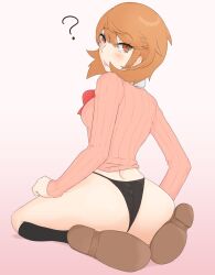 1girls ? ass ass_focus atlus baser_guy black_panties blush female female_focus female_only from_behind kneehighs looking_at_viewer looking_back orange_eyes orange_hair panties persona persona_3 pink_background pink_lips pink_lipstick pink_sweater red_hair short_hair sweater yukari_takeba