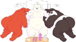 2022 absurd_res all_fours angusart anthro ass backsack balls bear belly black_body cartoon_network genitals giant_panda grizzly_(wbb) group hi_res ice_bear lying male male/male mammal navel overweight overweight_male panda_(wbb) penis pillow polar_bear sex_toy ursine we_bare_bears white_body