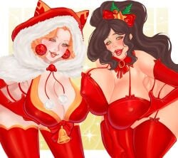 2girls big_areola big_breasts big_lips blush brown_hair christmas christmas_bikini christmas_clothing ginger_hair green_eyes holidays merry_christmas milf mommy mommy_kink multiple_girls nipple_bulge nsfw original_character ponytail santa_costume smiling smiling_at_viewer yellow_eyes