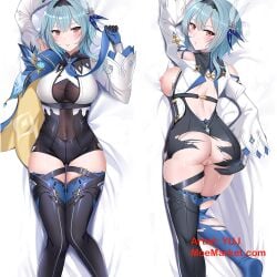 blue_hair bodysuit breasts dakimakura_(medium) eula_(genshin_impact) female garter_straps genshin_impact gloves highres light_blue_hair nipples pussy thighhighs torn_clothes yuj