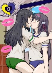 2girls against_wall black_hair blue_eyes blush edit eyes_wide_open gal_gun game_ui gym_uniform indoors kissing m2boze shinobu_kamizono third-party_edit yuri yurina_gozu