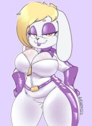 1girls 2020s 2022 aeonspassed blonde_hair breasts cleavage clothed clothing female female_focus female_only furry hariet_(mario) huge_breasts looking_at_viewer mario_(series) mario_kart nintendo purple_eyeshadow purple_lips rabbit simple_background solo standing super_mario_odyssey thick_thighs thighs tight_clothing white_fur wide_hips