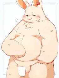 2022 anthro balls belly blush bodily_fluids censored genitals hi_res kemono lagomorph leporid male mammal overweight overweight_male penis rabbit shouka_2810 solo sweat