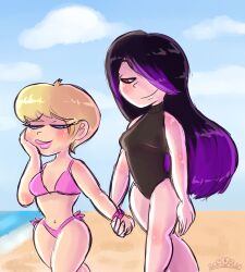 beach bikini black_hair black_swimsuit blonde_hair juleka_couffaine miraculous_ladybug pink_bikini rose_lavillant swimsuit