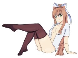 1girls :) black_legwear black_thighhighs bow brown_hair doki_doki_literature_club female green_eyes legwear looking_at_viewer macky06_(artist) monika_(doki_doki_literature_club) no_bra no_panties ponytail shirt smile smiling smiling_at_viewer solo thighhighs unbuttoned unbuttoned_shirt white_background white_bow white_shirt