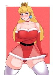 1girls arm_under_breasts ass_visible_through_thighs blonde_hair breasts choker christmas christmas_outfit crown earrings female female_only fraankyy huge_breasts long_hair mario_(series) nintendo open_mouth princess_peach red_background shy simple_background snow solo solo_female standing thick_thighs thighhighs white_border wide_hips