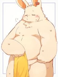 2022 anthro balls belly blush bodily_fluids closed_eyes genitals hi_res kemono lagomorph leporid male mammal overweight overweight_male rabbit shouka_2810 solo sweat towel