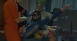 1boy 2girls 3d anal batgirl batgirl_(gotham_knights) batman_(series) blender criminal dc dc_comics female gotham_knights harley_quinn harley_quinn_(gotham_knights) hold_legs male missionary_position multiple_girls sex table threesome tomtam