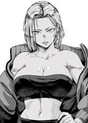 1girls android_18 breasts dragon_ball dragon_ball_z female female_only fully_clothed kerana_art large_breasts mole_on_breast monochrome open_mouth solo top wide_hips