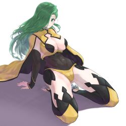 1girls alternate_costume annand_(fire_emblem) ass_visible_through_thighs bare_thighs bodystocking breasts cameltoe cape cleavage cosplay female female_only fire_emblem fire_emblem:_genealogy_of_the_holy_war fire_emblem_fates fully_clothed green_eyes green_hair grey_nails hair_over_one_eye high_heels kneeling large_breasts long_hair long_nails looking_at_viewer midriff nail_polish nintendo ophelia_(fire_emblem)_(cosplay) panties partially_visible_vulva smile solo ta_dasu_(tadasu_hayashi) thighhighs thighs underwear yellow_panties