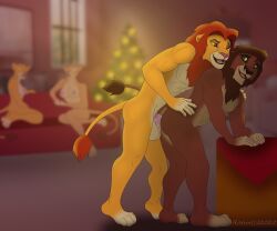 anal anthro balls black_hair black_hair_bottom christmas christmas_tree digital_media_(artwork) disney domination felid feline festive furry gay hi_res holidays invalid_tag kiara kovu light_hair_on_dark_hair lion male male/male mammal nala nipples pantherine penis red_hair red_hair_on_black_hair red_hair_top sex simba testicles the_lion_king