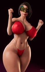 3d 3d_(artwork) arms_up belly_button bikini blender_(software) busty clenched_fist clenched_fists domino_mask erect_nipples female female_only huge_breasts human human_only large_breasts latina latina_milf looking_at_viewer mask masked masked_female mature_female milf nipple_outline short_hair snoopz solo solo_female sweet_mami thick_thighs wide_hips