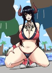 1girls 2boys bangs bikini black_hair breasts chest_tattoo cleavage curved_horns dark-skinned_male dark_skin eliza_(tekken) escape1111 horns huge_breasts interracial kneeling large_breasts mmf_threesome namco neck_tattoo pale-skinned_female pale_skin purple_lipstick red_bikini red_nails sharp_fingernails short_hair_with_long_locks sneakers solo_focus tattoo tekken tekken_7 thick_thighs vampire vampire_girl