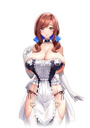 1girls armwear big_breasts breasts brown_hair derauea female female hair_ribbon large_breasts looking_at_viewer maasa_myoudou maid maid_apron maid_outfit maid_uniform massive_breasts milf milk_factory mother motto!_haramase!_honoo_no_oppai_isekai_oppai_meido_gakuen! official_art red_eyes revealing_clothes revealing_outfit sideboob solo stockings thin_waist transparent_background