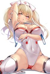 1girls :o arm_under_breasts arm_up armpits avatar_(pso2) bangs blonde_hair blush breast_press breasts breasts_out cameltoe cleavage commentary_request commission covered_navel female female female_only hair_between_eyes hat heart heart-shaped_pupils heart_tattoo highres holding large_breasts leotard long_hair looking_at_viewer numako_(pizza_kanon) nurse nurse_cap orange_eyes original parted_lips phantasy_star phantasy_star_online_2 pubic_tattoo red_eyes rikiddo_(tise_00) second-party_source sitting skeb_commission skin_tight skindentation solo spread_legs stethoscope strapless strapless_leotard symbol-shaped_pupils tattoo thighhighs thighs topless twintails underwear valgiris wariza white_background white_headwear white_leotard white_thighhighs