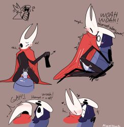 1boy 1boy1girl anthro black_body closed_eyes cum cum_in_pussy cum_inside female female_on_top holding_hands hollow_knight hornet_(hollow_knight) mask miguelsharku nuzzle quirrel_(hollow_knight) red_cloak riding_penis romantic rough_sex sex squirting