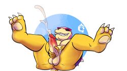 absurd_res balls bodily_fluids cum cumshot ejaculation eyewear eyewear_only genital_fluids genitals glasses glasses_only hi_res koopa koopaling male male_only mario_(series) masturbation nintendo nude penile penile_masturbation roy_koopa scalie simple_background thekinkybear