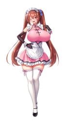 1girls big_breasts blush breasts brown_hair derauea female female full_body hand_on_hip large_breasts long_hair looking_at_viewer maid maid_apron maid_headdress maid_outfit maid_uniform mei_myoudou milk_factory motto!_haramase!_honoo_no_oppai_isekai_oppai_meido_gakuen! official_art red_eyes solo stockings thin_waist transparent_background wink winking winking_at_viewer