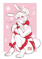 1girls anthro areola_slip bent_legs blush chikkibug christmas female female_only hi_res leporid looking_at_viewer nude nude_female pink_nose present_wrap rabbit rabbit_ears rabbit_tail red_eyes sitting sketch smiling smiling_at_viewer solo thick_thighs tied_hair white_body white_hair wraps