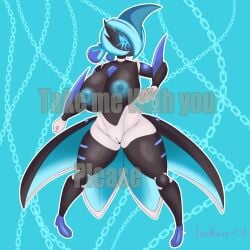 adoptable blue_background blue_eyes blue_hair female_focus female_only female_pokemon huge_breasts humanoid iron_valiant paradox_pokemon pokémon_(species) pokemon pokemon_sv robot robot_girl robot_humanoid skirt taihoup text thick_thighs vagina