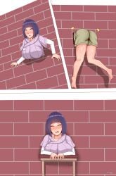 ass big_breasts blush boruto:_naruto_next_generations clothing dark_blue_hair huge_ass huge_breasts human hyuuga_hinata large_breasts light-skinned_female mature mature_female mature_woman medium_hair milf naruto open_mouth seisen stuck stuck_in_wall through_wall