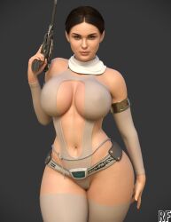 3d big_breasts brown_eyes brown_hair female female_only laser_gun looking_at_viewer lucasfilm milf padme_amidala pistol rude_frog solo_female star_wars stockings thick_thighs translucent translucent_clothing white_legwear