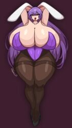 bunny_ears bunny_girl bunnysuit gigantic_breasts hands_behind_head hi_res huge_breasts long_hair looking_at_viewer nuevii open_mouth pantyhose purple_hair red_eyes reisen_udongein_inaba thick_thighs tongue tongue_out touhou wide_hips