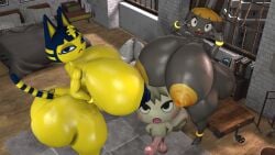 3d animal_crossing ankha ankha_(animal_crossing) ankha_(minttoo) ankha_minttoo anthro blue_hair bonbon_(animal_crossing) domestic_cat felid feline grey_body hourglass_figure huge_ass huge_breasts lagomorph larger_female leporid mammal marshal_(animal_crossing) minttoo nintendo rabbit rodent sciurid size_difference smaller_male squirrel striped_tail tree_squirrel white_body yellow_body