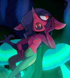 anthro black_hair blush breasts fangs female generation_8_pokemon genitals green_body hair hi_res humanoid imp lockheart long_hair mammal morgrem nintendo nipples nude open_mouth pink_body pokémon_(species) pokemon pokemon_(species) pussy red_eyes solo teeth tongue video_games